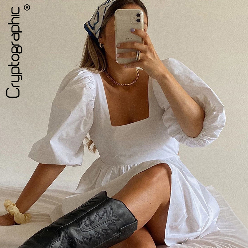 

White Sexy Backless Lace Up Mini Dresses Puff Sleeve Sweet Dress Summer Holiday Sundress Elegant Dress Clothes