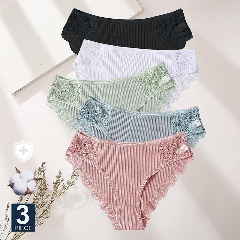 

M-xxl 3pcs Cotton Underwear Womens Panties Set Comfort Underpants Floral Lace Briefs For Woman Sexy Low-rise Pantys Intimates, Set 9