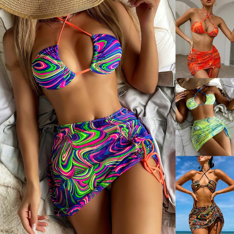 

Women' Swimwear Sexy Corlorful Printed Bikini With Drawstring Skirt 3PCS/SET Women' Swimsuit 2022 Mesh Bathing Suit Bikinis BeachwearW, Printed 3