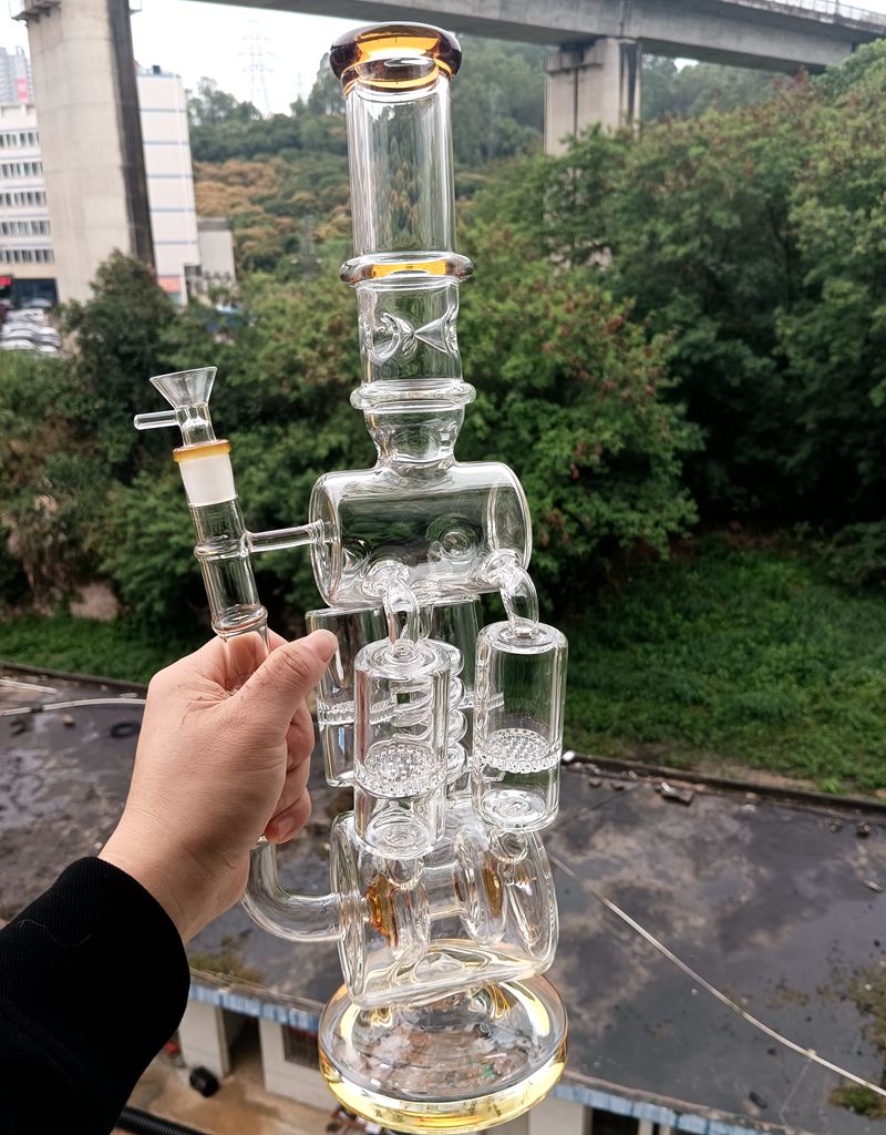 

18 inch Yellow Glass Water Bong Hookahs Honeycomb Filters Recycler Oil Dab Rigs Smoking Pipe with 14mm female joint