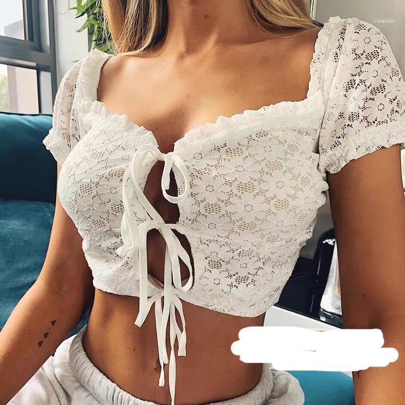 

Vintage Short Sleeve Women Blouse Square Collar Korean Style Elegant Sexy White Slim Crop Lace Up Top Women' Blouses & Shirts