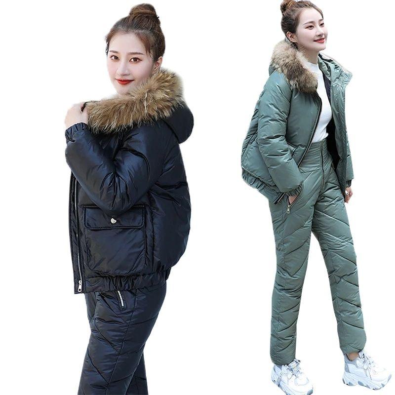 

Women's Two Piece Pants Winter Clothes Women Warm Pant Suits Cotton-Padded Coat Hooded Parka Thick Down Jacket Female Trousers SetWomen's, Khaki fuax collor