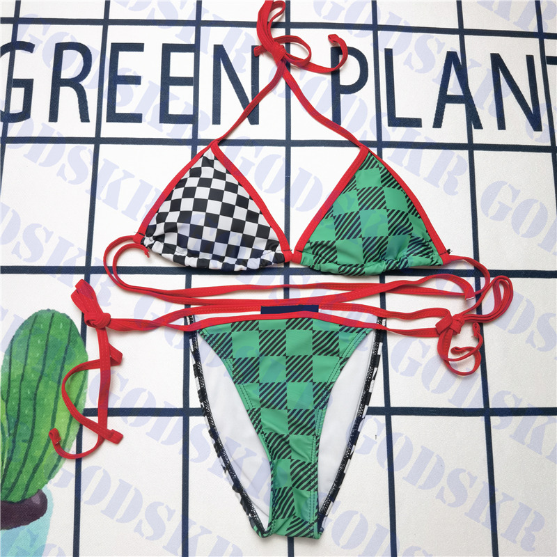 Bikini à carreaux verts femmes de maillot de bain à la mode de maillot de bain de maillot de bain set textile v cou triangle bikinis