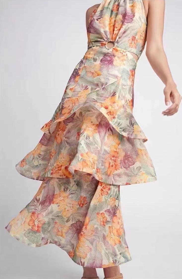 

Casual Dresses Waist Hollow Out Mid-length Dress Women Sleeveless Ruffle Retro Print Fashion O-Neck Summer 2022 Ladies Long Robe PartyCasual