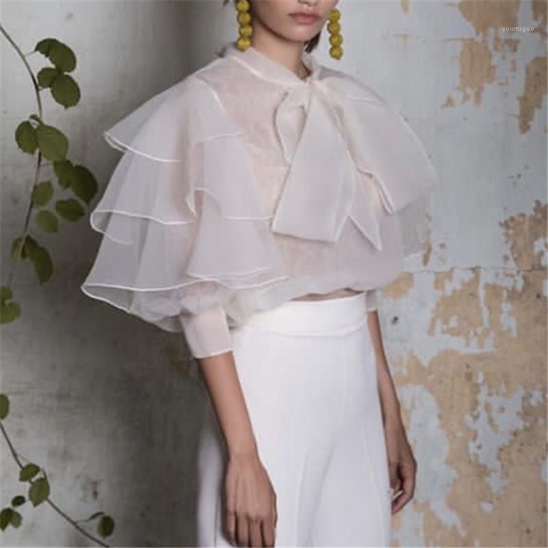 

Women Blouse Tops Shirts Thin With Bowtie Ruffles Sleeves See Through Lolita Long Lovely Autumn Fashion Ladies Bluas Women' Blouses, Beige