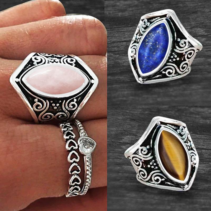 

Cluster Rings Vintage Eye Shape Natural Quartz For Women Antique Silver Plated Snail Stone Tiger Lapis Lazuli Unakite RingCluster