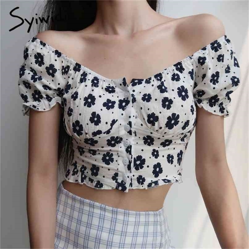 

Flower Shirt Women Sexy Vintage Puff Sleeve Top Korean Fashion Clothing Button Up Blouse Slash Neck Floral Short 210607, White