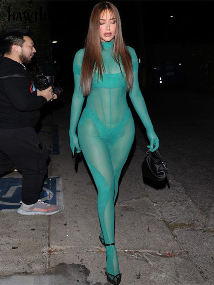 

Hawthaw Women Spring Long Sleeve Mesh See Through Bodycon Jumpsuit Overalls One Piece Outfit 2022 Summer Clothes Wholesale Items, Green