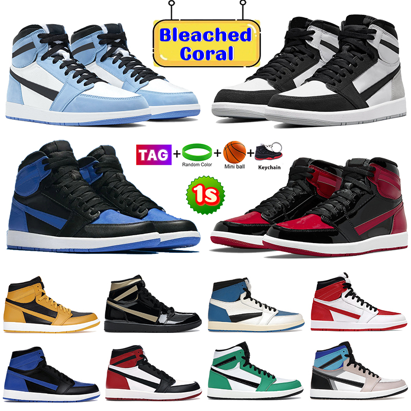 

GAI Mens Bleached Coral 1 Basketball shoes 1s Patent bred University Blue Dark Mocha Twist Light Smoke Grey Chicago UNC Bordeaux royal toe men women Designer sneakers, #48- shoe box
