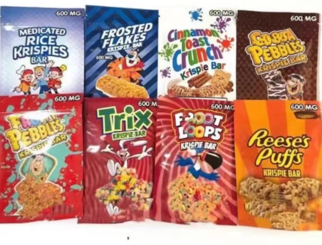 

600mg medicated cereal snack chocolate bar pacakging mylar pouch bag designer COCA PUFF FRUITY PEBBLES FROOT LOOPS TRIX MEIDICATE RICE KRISPIE BAR EDIBLES