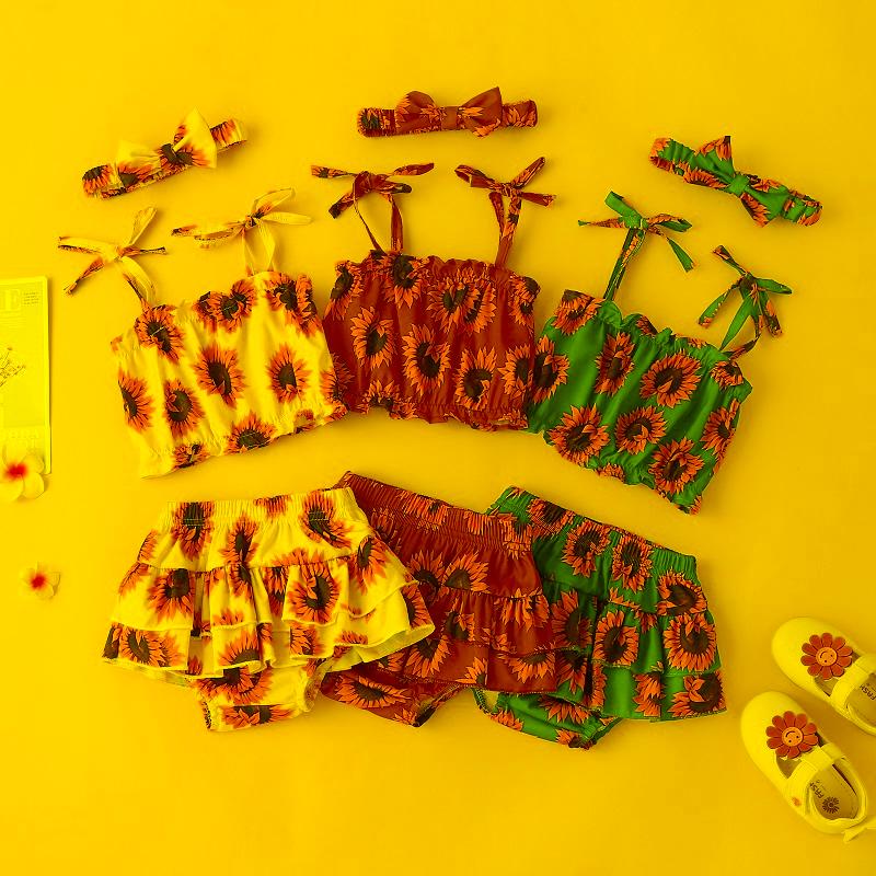 

Clothing Sets 2022 Lovely Baby Girls Clothes 3PCS Sunflowers Printed Strapless Vest Tops Shorts 3 ColorsClothing
