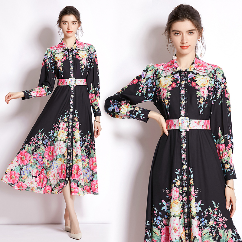 

Luxury Fashion Party Floral Dress Long Sleeve 2022 Woman Designer Lapel Single-Breasted Runway Holiday Shirt Dresses Spring Autumn Prom Cocktail Maxi Frock Women