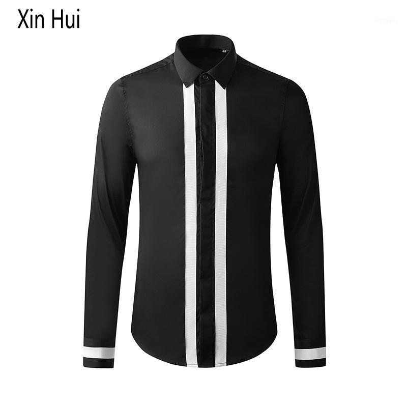 

Style Hand-sleeved Webbing Parallel Bars Stitching Men's Tide Brand Shirt Long-sleeved Fashion Slim Casual Shirts, Black