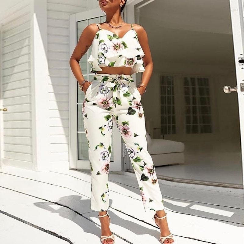 

Women Fashion Flounced Spaghetti Strap Floral Harness Tops Cropped Pantsuit Summer Women' Tracksuits, White