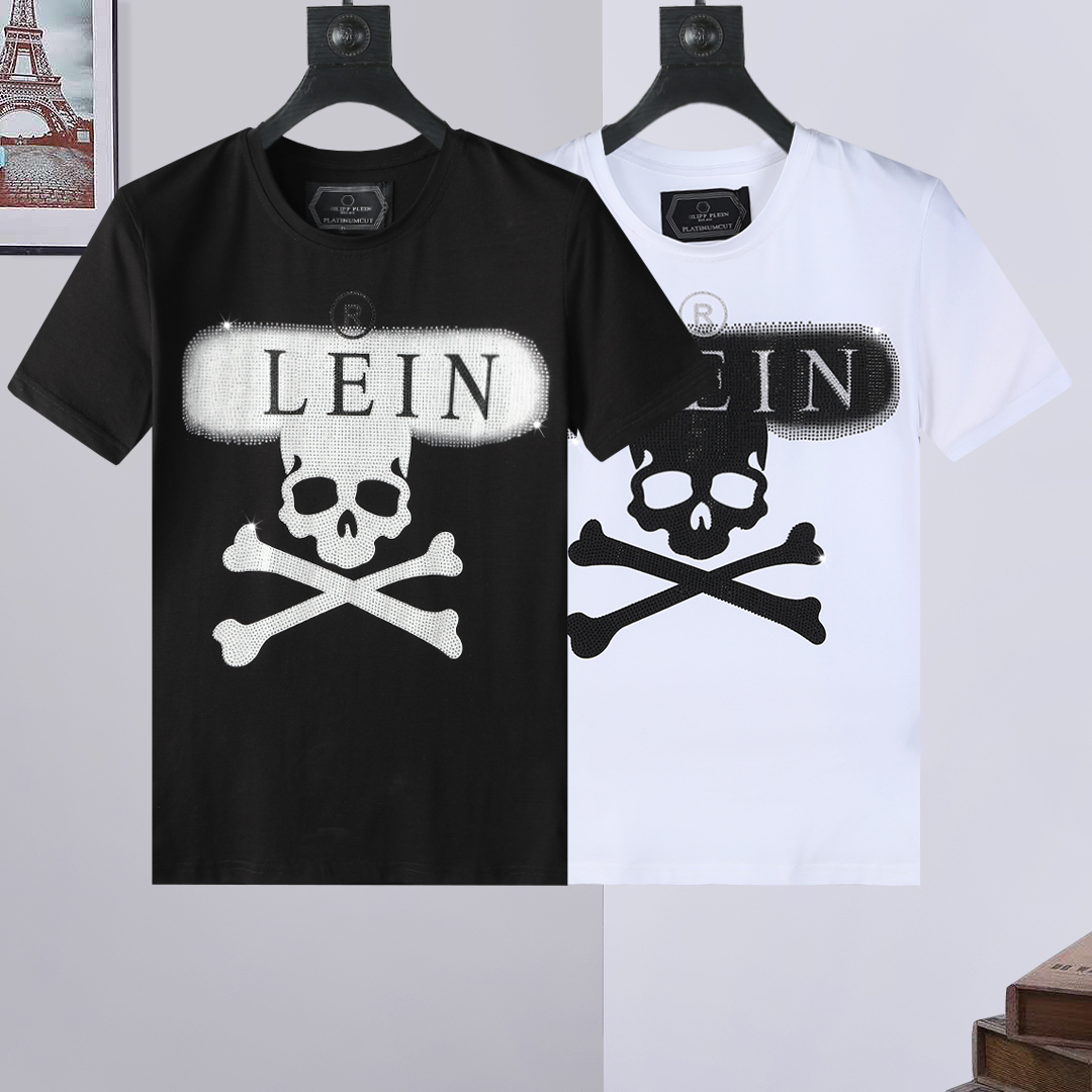 

PP Fashion Men's Designer slim fit Casual rhinestone Short Sleeve Round Neck shirt tee Skulls Print Tops Streetwear collar Polos M-xxxL P751, White
