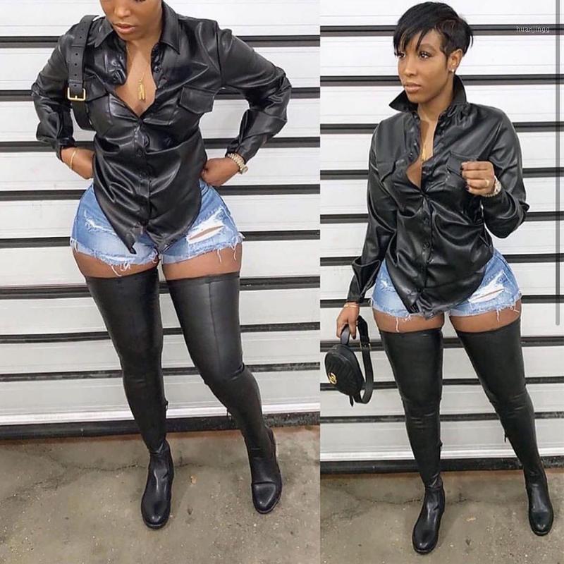 

Leather Shirts Women Autumn Pockets Blouse Tops Ladies Turn-down Collar Button Blouese And Streetwear Casual Blusa D30 Women' Blouses, Black