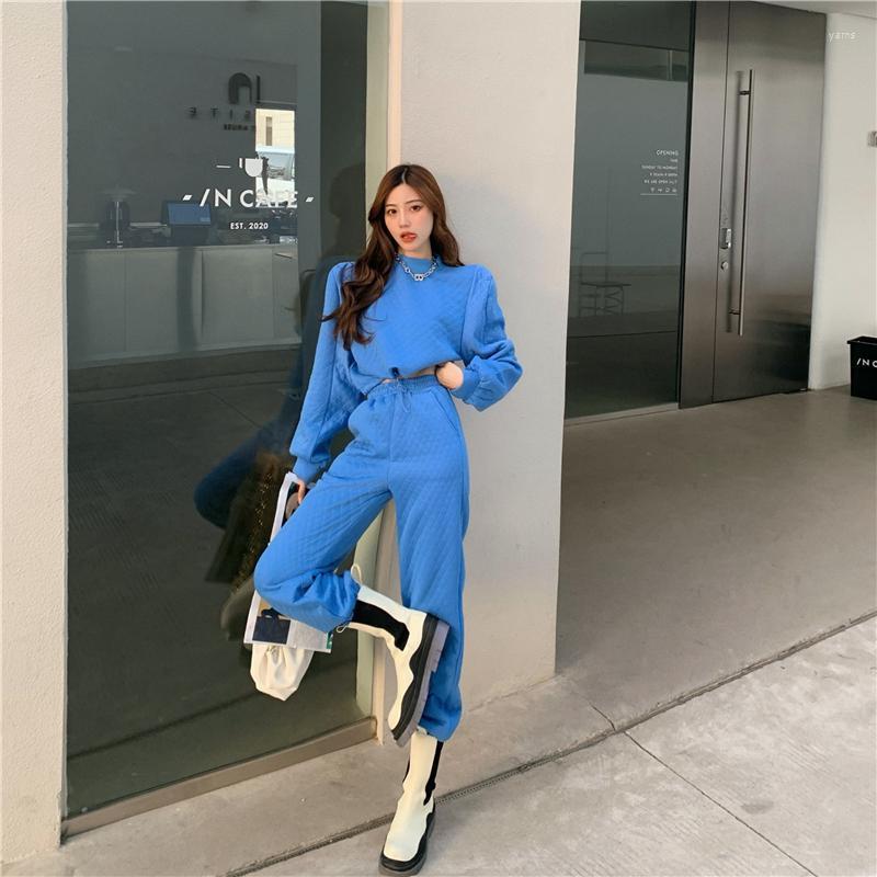 

Autumn And Winter Fashion Korean Version Ins Tide Rhombus Short Long Sleeve Loose Slim Trousers Two-piece Female Women's Tracksuits, Blue suit