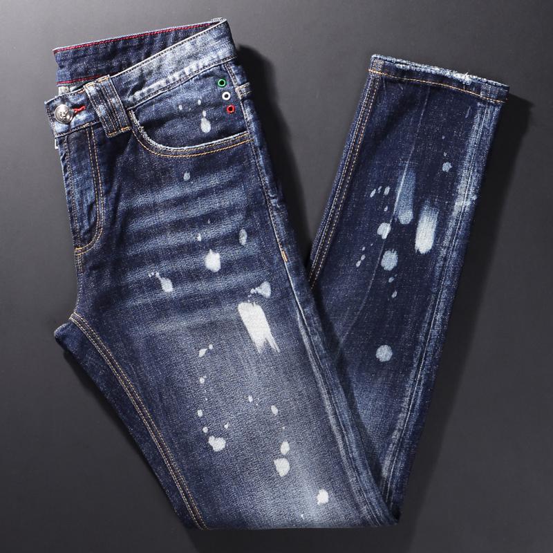 

Men's Jeans Streetwear Fashion Men Retro Blue Painted Designer Ripped Trousers High Quality Brand Hip Hop Denim Pants HombreMen's
