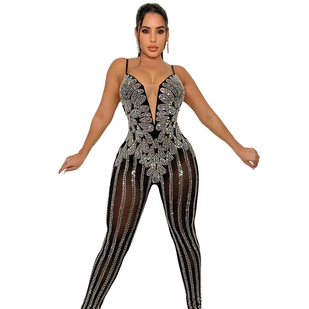 

Women' Jumpsuits sexy mesh see-through Rhinestone sleeveless suspenders romper, 01