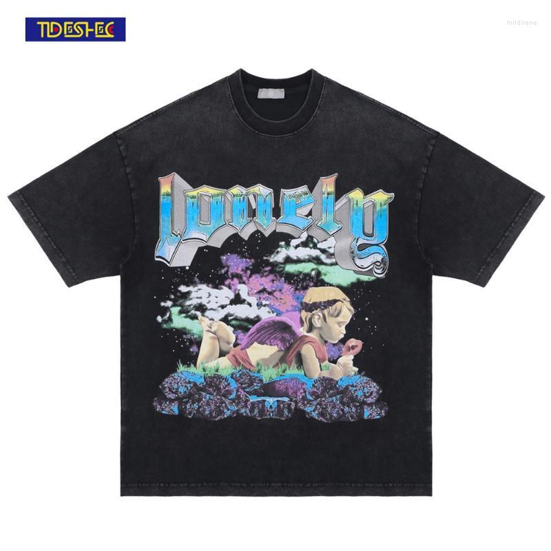 

Men's T-Shirts Washed Vintage T-shirt Men's Angel Child Print T Shirt Oversized Cotton Hip Hop Streetwear Top Tee 2022 Summer Casual T-s, Black