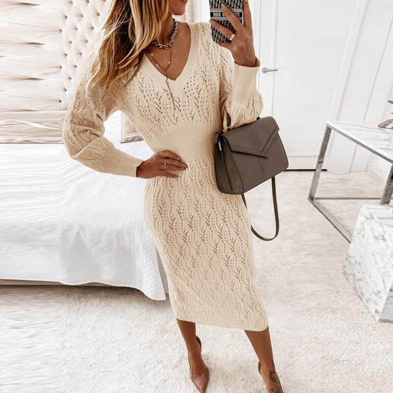 

Casual Dresses Women Elegant V Neck Slim Bodycon Office Dress Fashion Solid Hollow Out Pullover Autumn Winter Warm Knitting Sweater, Black;gray