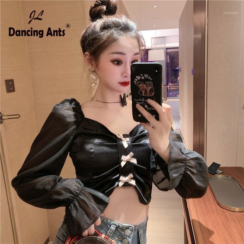 

Women Patchwork Mesh Blouse Square Collar Long Puff Sleeve High Waist Bow Winter Woman French Chic Shirts Vintage Womens Tops Women's, Black