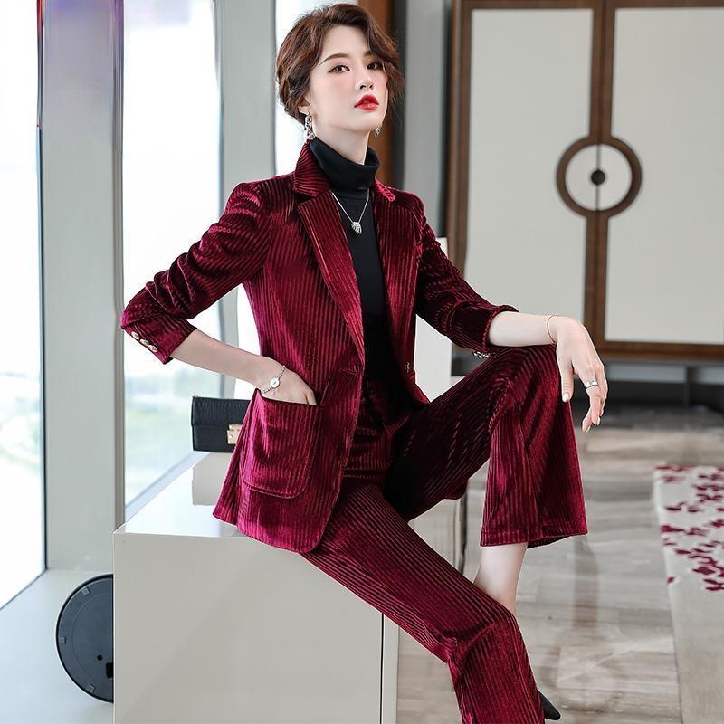 

Women' Two Piece Pants Fashion Female Spring And Autumn Golden Velvet Suit Temperament Small Two-piece Women' Clothing Ki2369Women, Blue