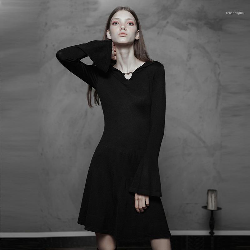 

Casual Dresses Classic Heart Decoration Warm Punk Daily Women Hooded Dress Women' Gothic Style Witch Woolen RAVE, Black