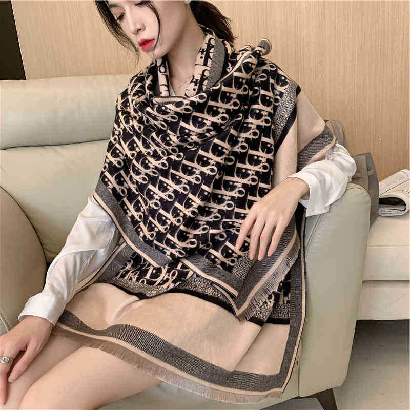 Design New d printed letter double-sided warm thickened imitation cashmere autumn and Winter Scarf women's office air conditioning shawl Bib