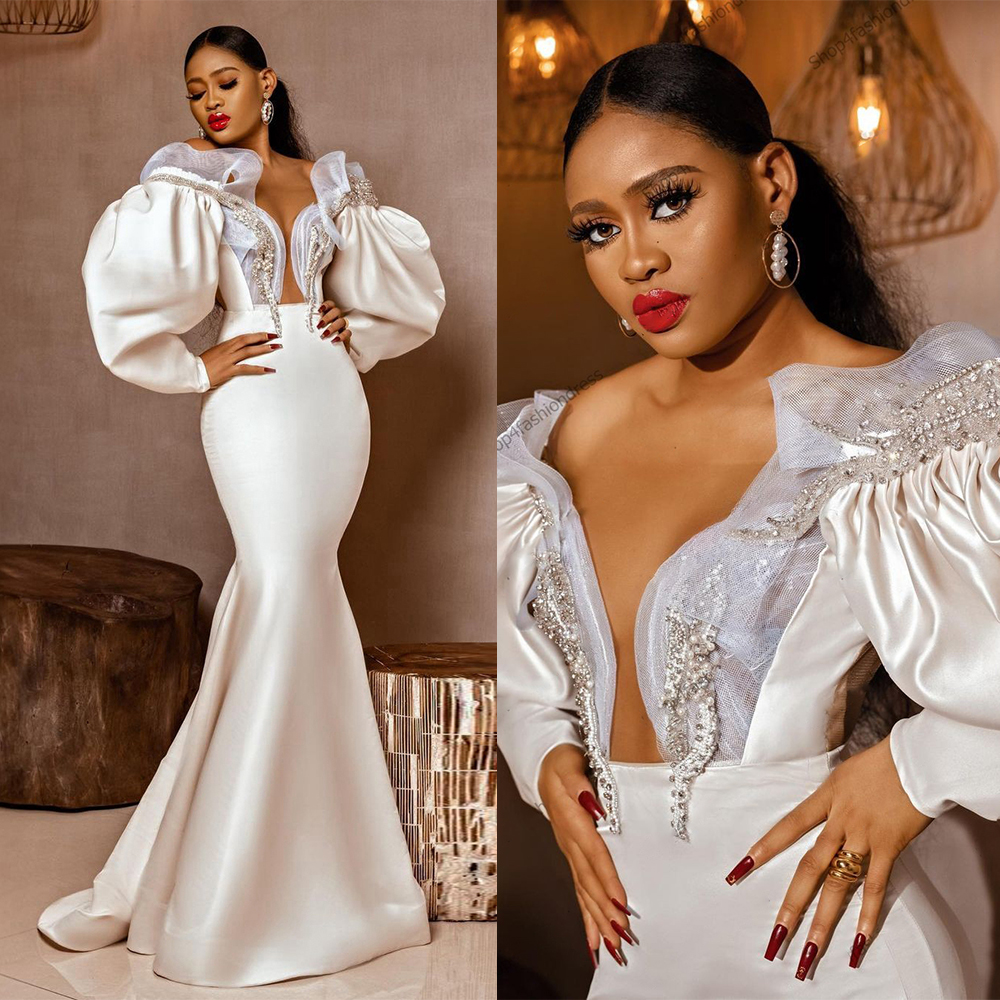 

Arabic Modest Mermaid Evening Dresses V Neck Long Sleeve Sequins Prom Formal Party Second Reception Gowns Red Carpet Gowns, White