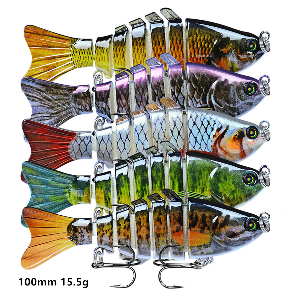 

100mm 15.5g Multi-section Fish Hook Hard Baits & Lures 6# Treble Hooks Multicolor Mixed Plastic Fishing Gear 5 Pieces / lot WHB-2