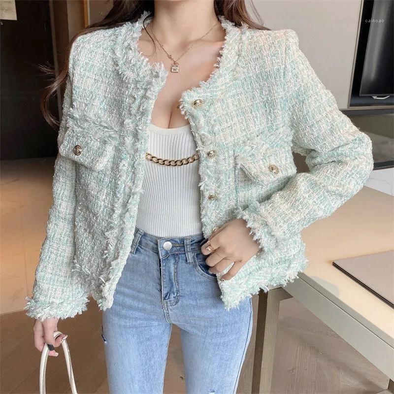 

Women's Jackets Elegant Fringe Cropped Tweed Jacket Women Korean Fashion Single Breasted Short Coat Vintage Long Sleeve Design Luxury Outerw, Green