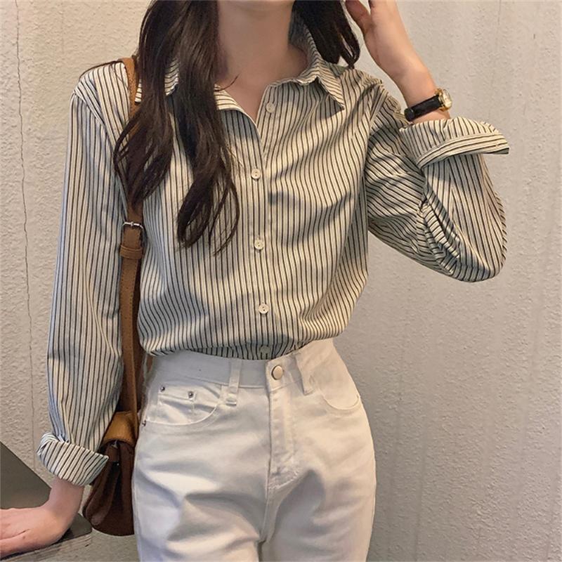 

Women' Blouses & Shirts HziriP Autumn Stripes Office Lady Slim Plus Size 2022 Casual Fashion Women Chic Tops Streetwear Loose Stylish OL, Photo color