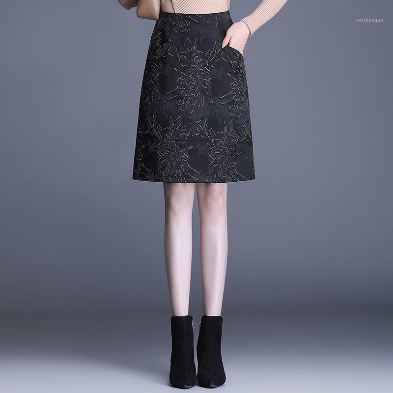 

Skirts Women Zipper High Waist Black Jacquard A-line Bodycon Skirt Spring Autumn Office Lady Elegant Retro Slim Casual Suit 1185