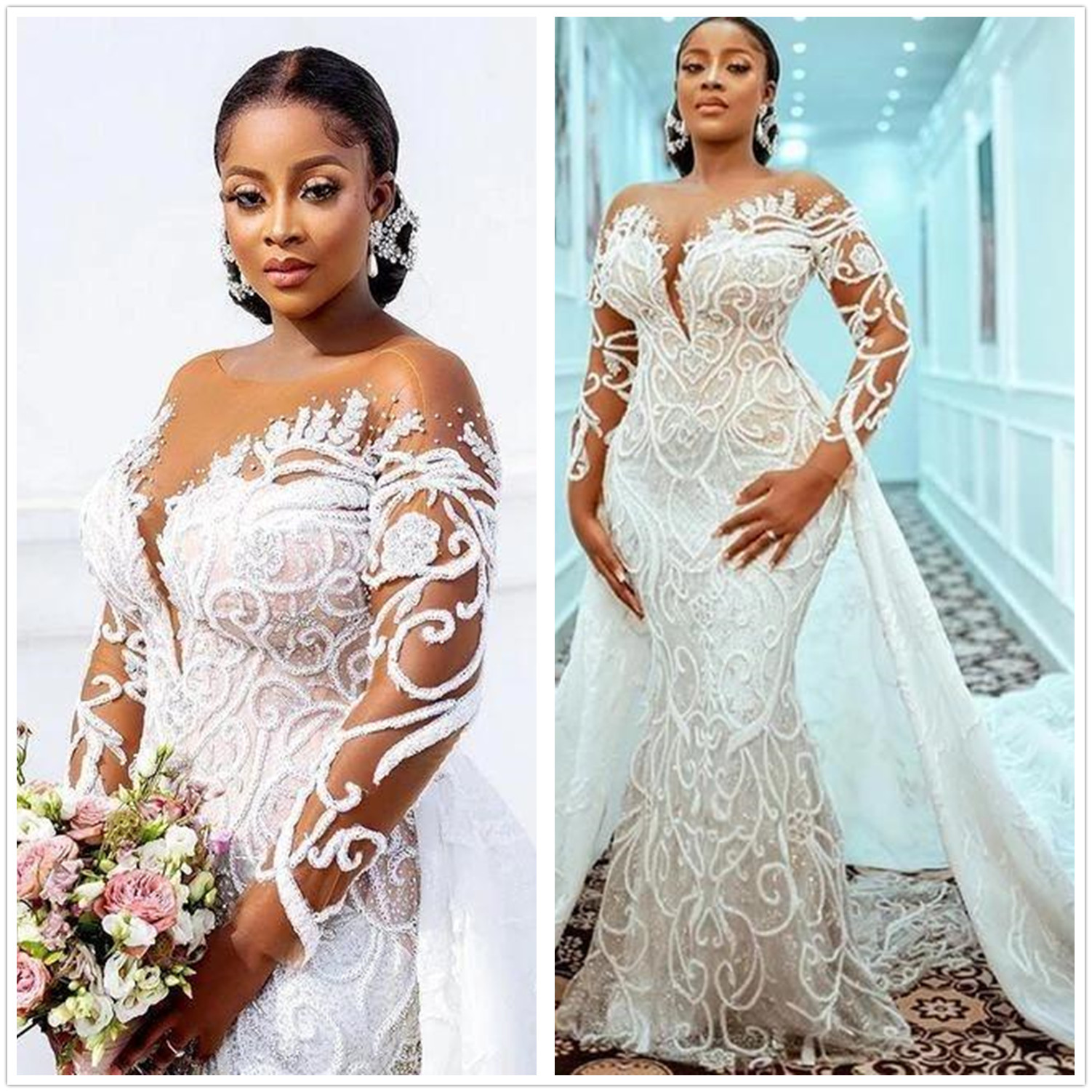 

Plus Size Lace Mermaid Wedding Dresses 2022 With Detachable Train Sheer Long Sleeves Beaded Lace Appliqued Bridal Gown Custom Made Robe de mariée, Ivory