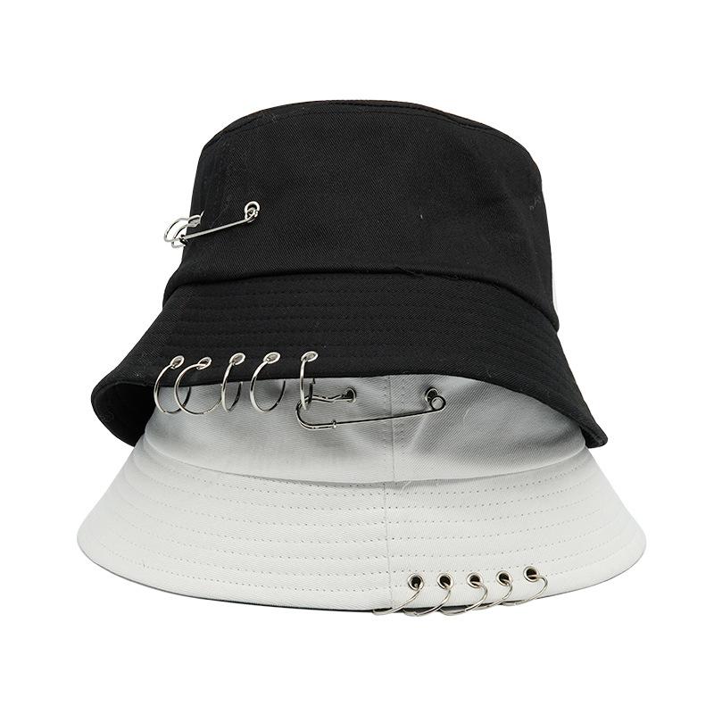 

Berets Punk Black Solid Iron Pin Rings Personality Bucket Hat Cap For Women Men Cotton Fishermen Caps Hip Hop Fishing Sun HatBerets, White
