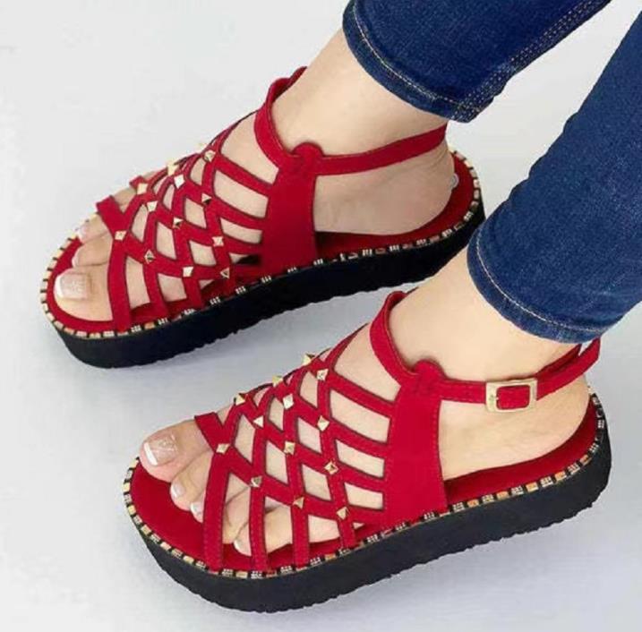 

New Summer Casual Wedge Cross Strap Sandals Large Size Openwork Shoes, Red