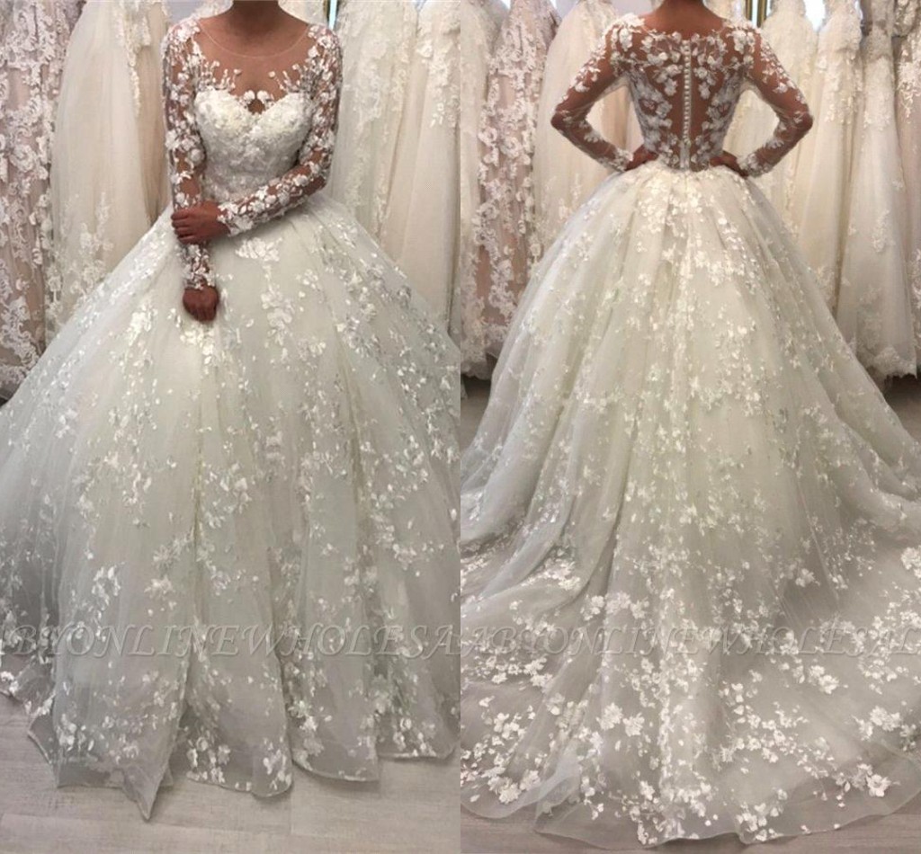 

Romantic White Ivory Lace Wedding Dresses Sheer Long Sleeve Appliqued Scoop Neck Bridal Gowns With Button Covered Back Long Robe de mariage BC12013, Red