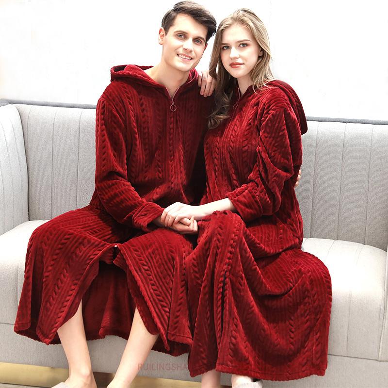 

Women's Sleepwear Women Winter Plus Size Long Warm Flannel Bathrobe Bride Cozy Hooded Bath Robe Pregnant Zipper Night Dressing Gown Men Slee, Women gray