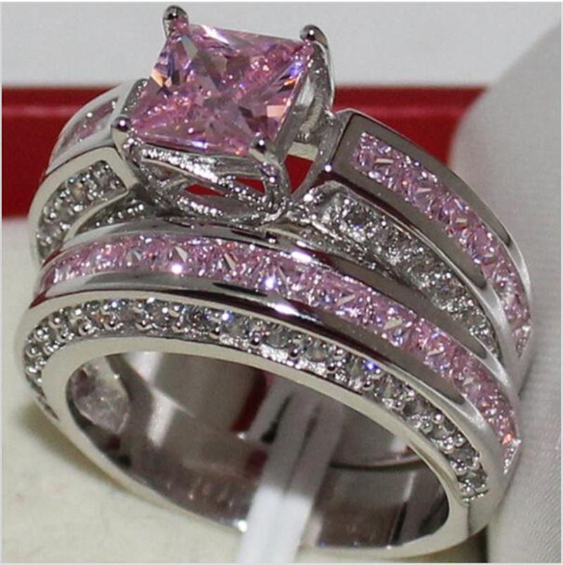 

Cluster Rings Luxury Square Princess-cut Pink Topaz Finger Set 2-in-1 Engagement Wedding For Women 10KT White Gold JewelryCluster