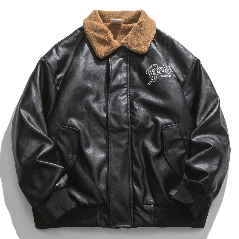

Lambswool Leather Jacket Men Autumn Letter Embroidery Pattern Print Motorcycle PU Leahter Jacket Casual Woman Bomber Jacket 220816, Black