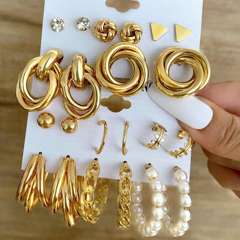 

Hoop & Huggie Trendy Pearl Earrings Set Geometric Gold Metal For Women Vintage Dangle Brincos Party JewelryHoop
