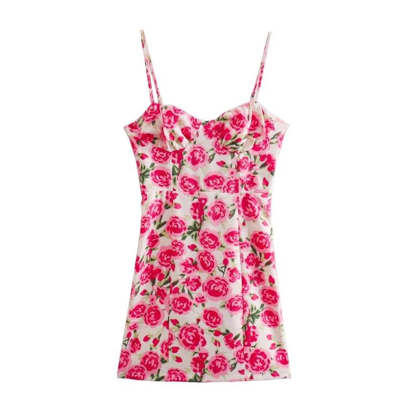 

Casual Dresses Women Fashion Floral Printed Camisole Dress Female Elegant Vintage Short For Summer Chic Lady Robe Elastic BustCasual, Red