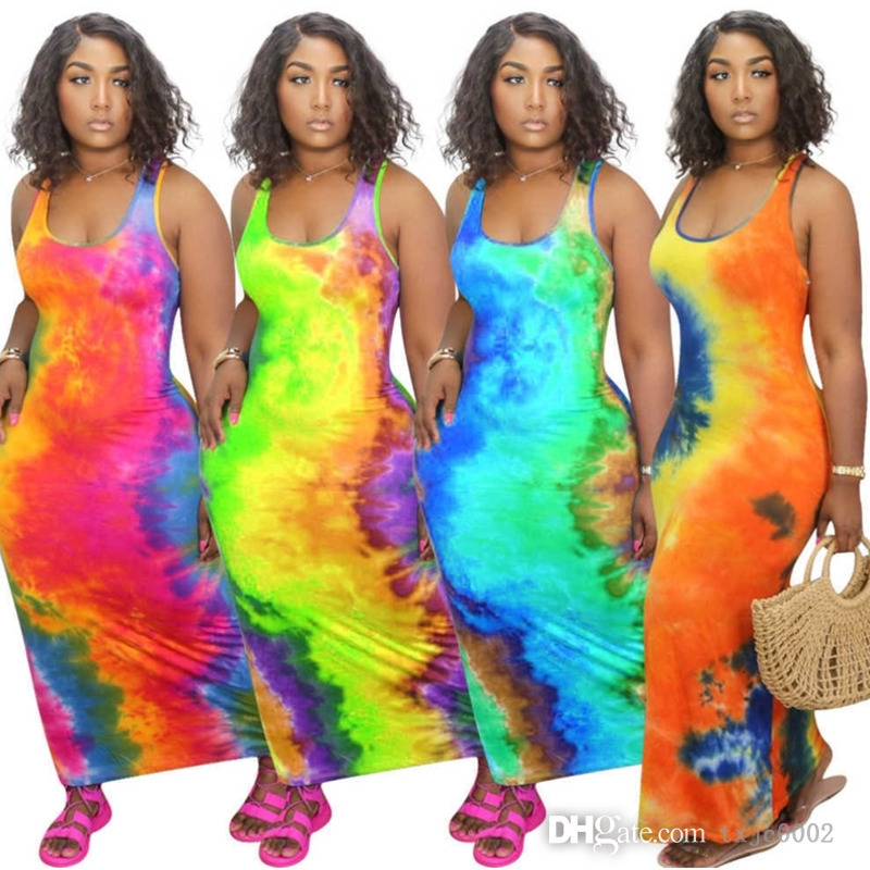 

4XL 5XL Plus Size Maxi Dresses Designer Women Clothing Sexy U Neck Tie Dye Sleeveless Summer Wear Vest Bodycon Dress, Blue
