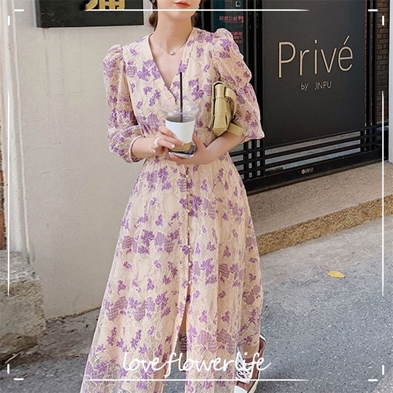 

Summer Short Sleeve Dress Korean VNeck Button Vintage Floral Dress Women Casual Beach Party Midi Dress Female 210521, White dress
