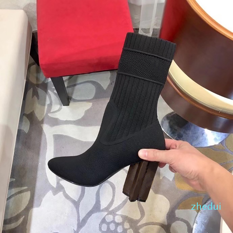 2020 Silhouette demi-botte femmes Stretch tissu Bootie Martin bottes talons hauts hiver impression fleur talons dames chaussures de fête de maria