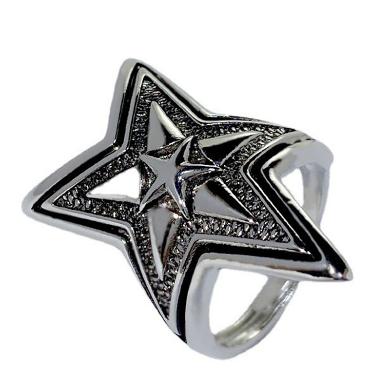 

Simple black double-layer overlapping five-pointed star open ring Punk retro men's trend star rock style ring