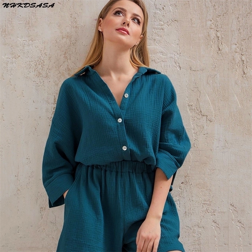 Pyjamas en coton pour femmes ensembles costume vêtements de nuit décontractés col rabattu neuf quarts manches sommeil hauts Shorts femme Homewear