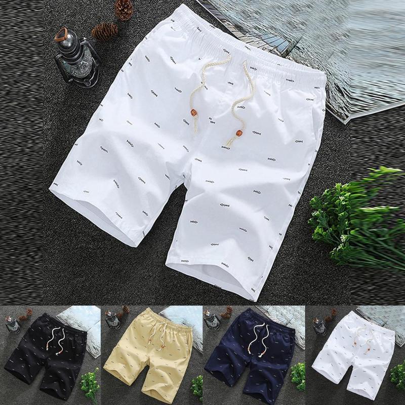 

Summer Shorts Men Mid Rise Fish Bone Print Loose Drawstring Pockets Short Pants Bottoms High Quality 220615, White