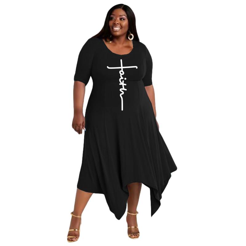 

Plus Size Dresses Perl Fashion Swing Skirt Print Irregular Maxi Dress Short Sleeve Women's Clothing Round Neck Summer WearPlus, Sky blue